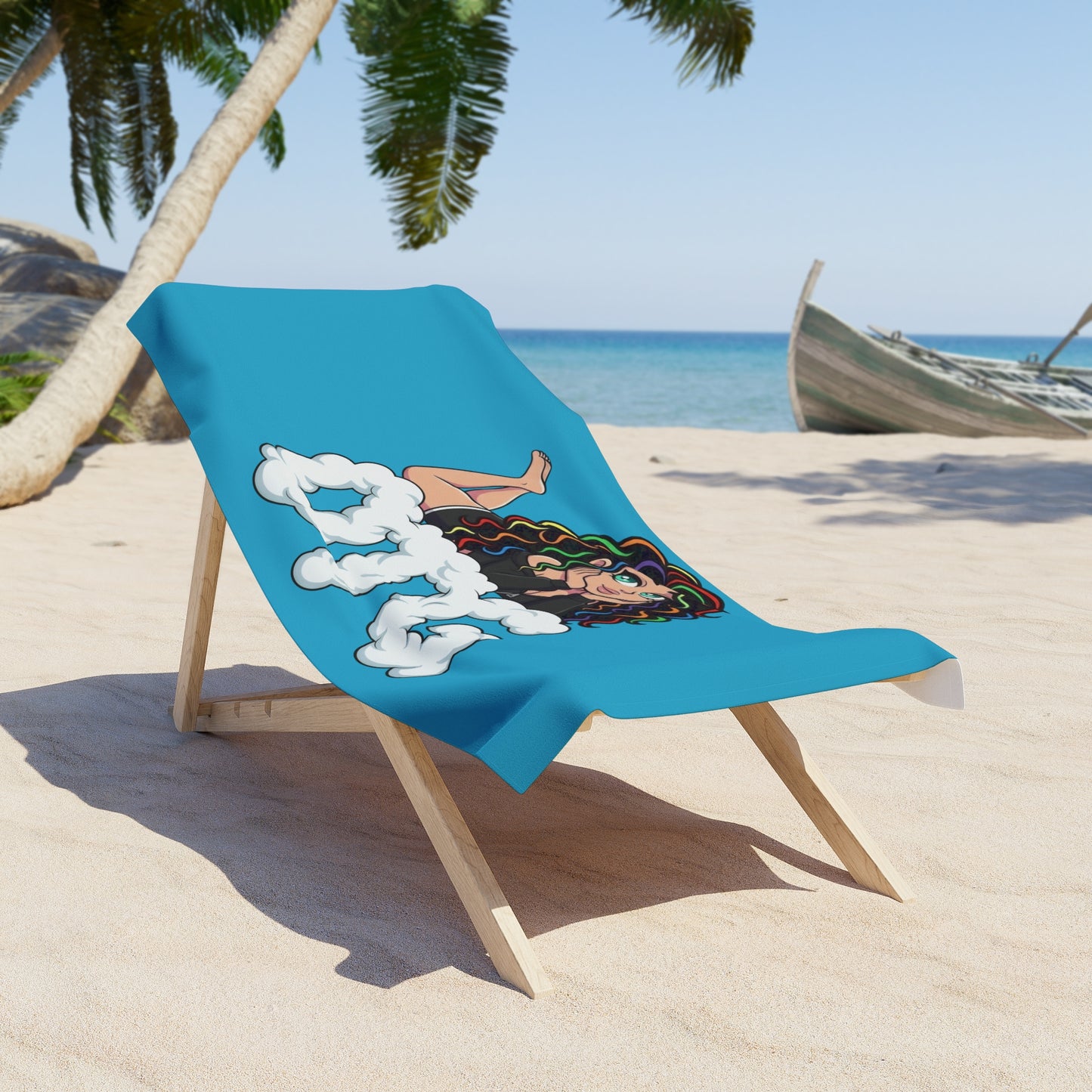 OTG Cloud Letters Beach Towel with Rainbow-Haired Girl — Cute Summer Pool & Travel Towel