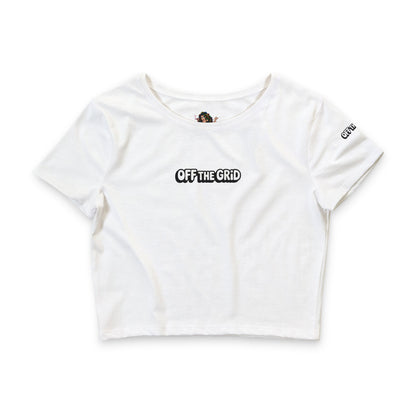 Off The Grid Crop Tee — Women’s Relaxed White Graphic Crop Top