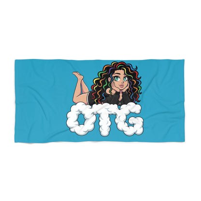 OTG Cloud Letters Beach Towel with Rainbow-Haired Girl — Cute Summer Pool & Travel Towel