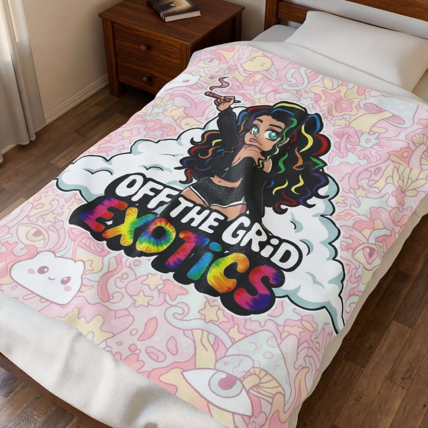 Velveteen Plush Blanket — "Off The Grid Exotics" Rainbow Cartoon Chill Throw